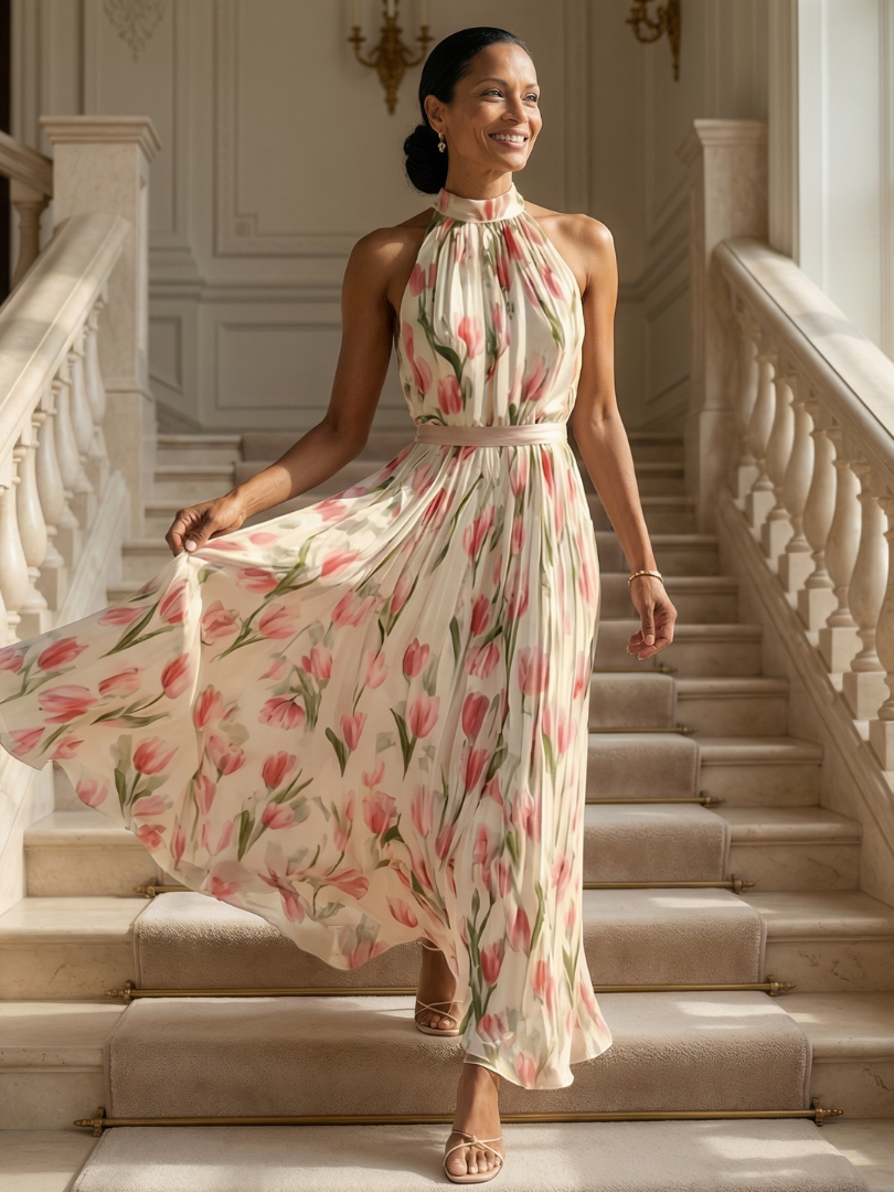 Agnès Paris | Robe Midi à Col Halter à Fleurs Aurelle