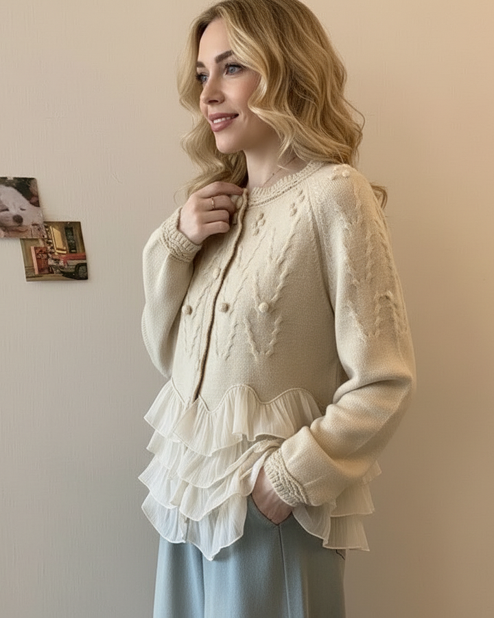 Agnès Paris | CARDIGAN ÉLÉGANT EN MAILLE AVEC VOLANTS