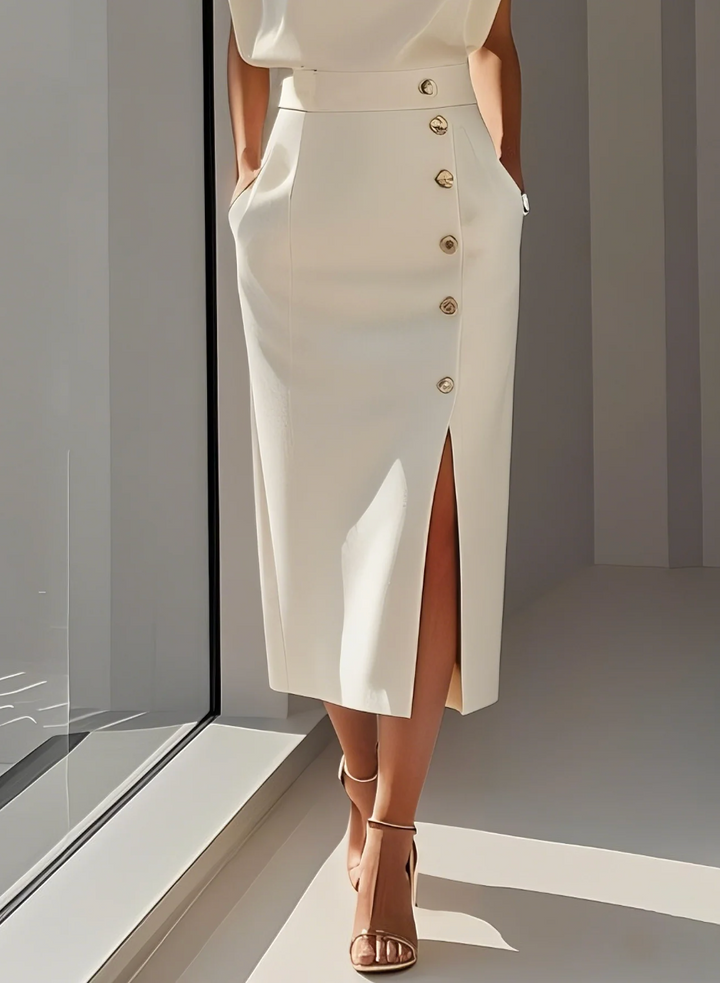 Agnès Paris | ROBE MIDI AJUSTÉE AVEC BOUTONS DORÉS