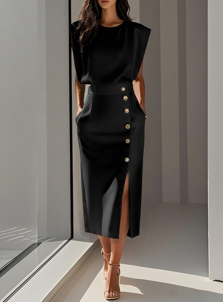 Agnès Paris | ROBE MIDI AJUSTÉE AVEC BOUTONS DORÉS