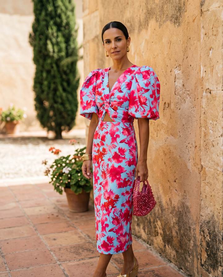 Agnès Paris | Robe Mi-Longue Fleurie Manches Bouffantes Aveline