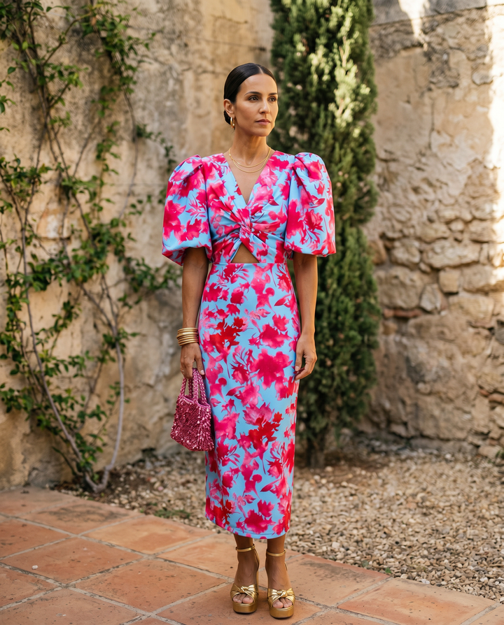 Agnès Paris | Robe Mi-Longue Fleurie Manches Bouffantes Aveline