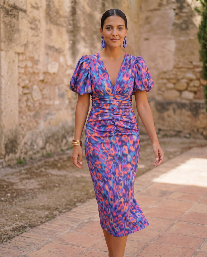 Agnès Paris | Robe Mi-Longue Fleurie Manches Bouffantes Aveline
